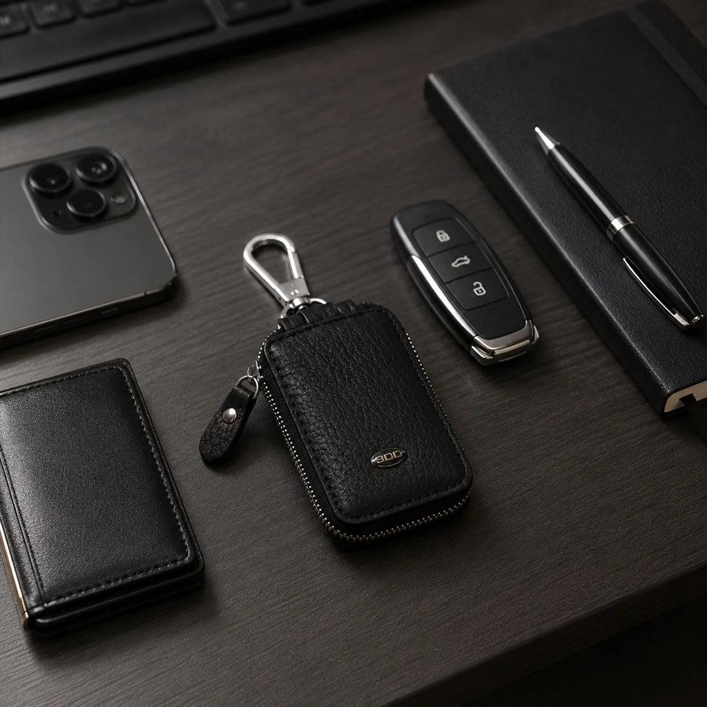 Leather Car Key Case Holder Pouch For Smart Remote With Zip And Clip (1 Pc)