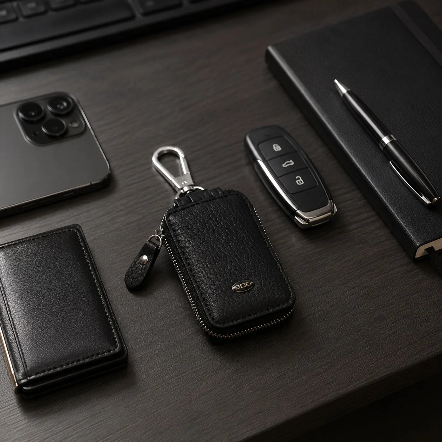 Leather Car Key Case Holder Pouch For Smart Remote With Zip And Clip (1 Pc)