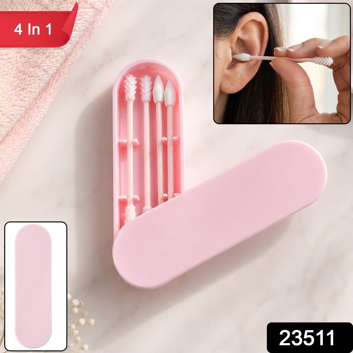 4 In 1 Reusable Silicone Ear Swab Set With Case Washable Ear Buds (1 Set)
