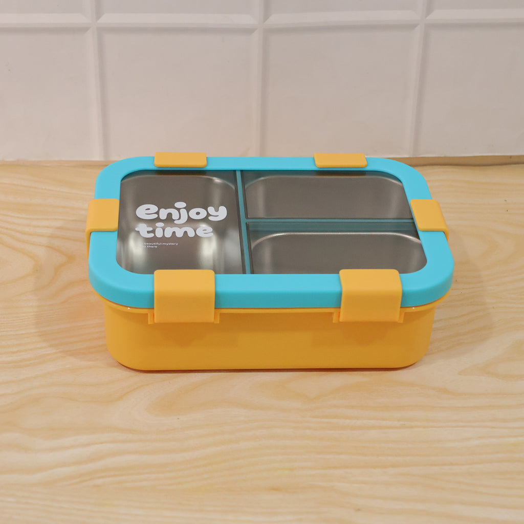 Airtight 3 Compartment Stainless Steel Lunch Box With Spoon  Fork  600ml