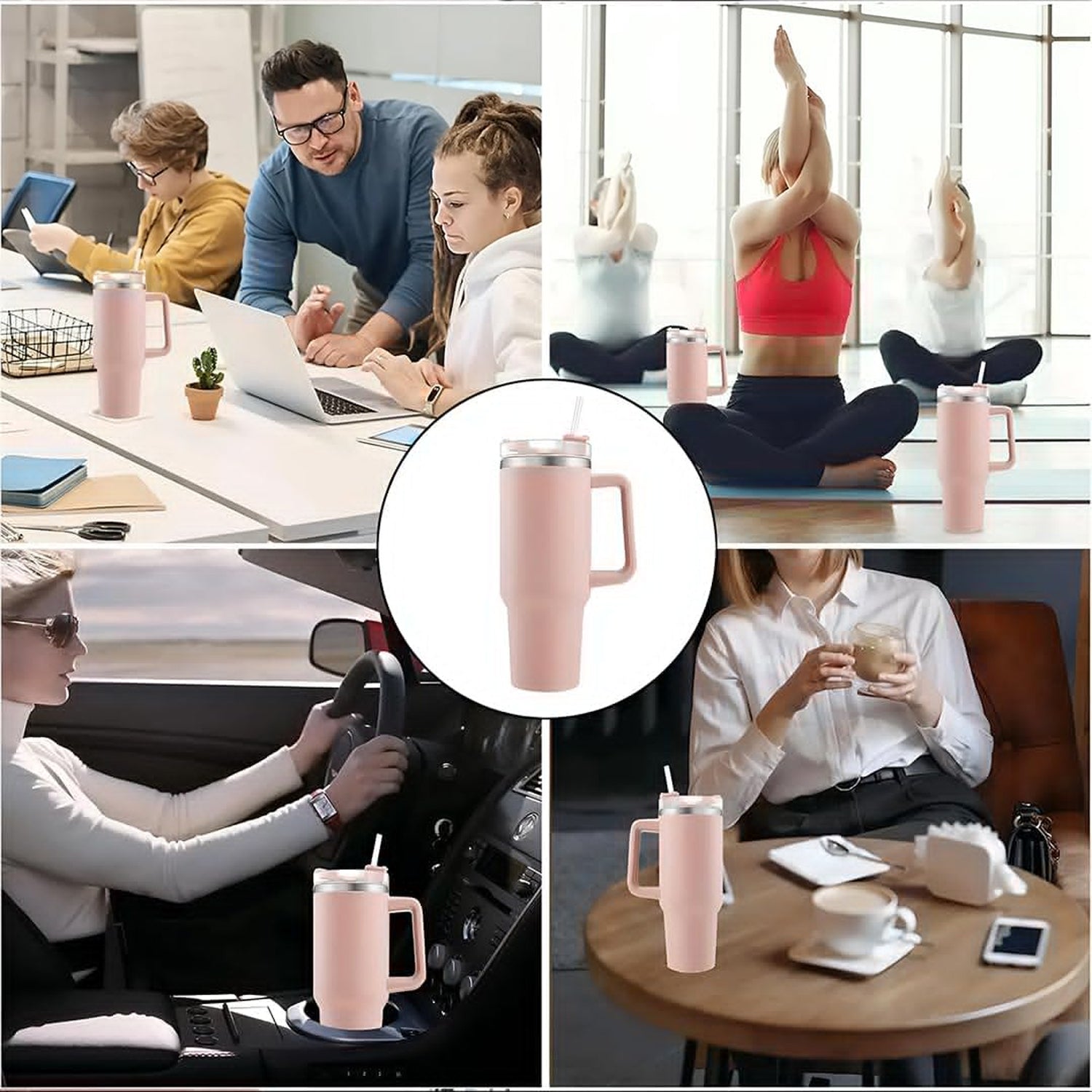 Pink vacuum insulated tumbler on white background