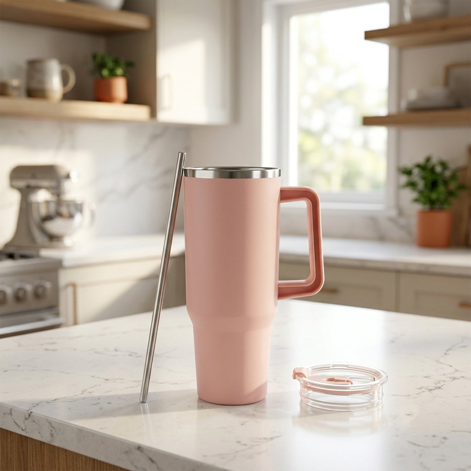 Close up of pink tumbler lid, straw and flip cap