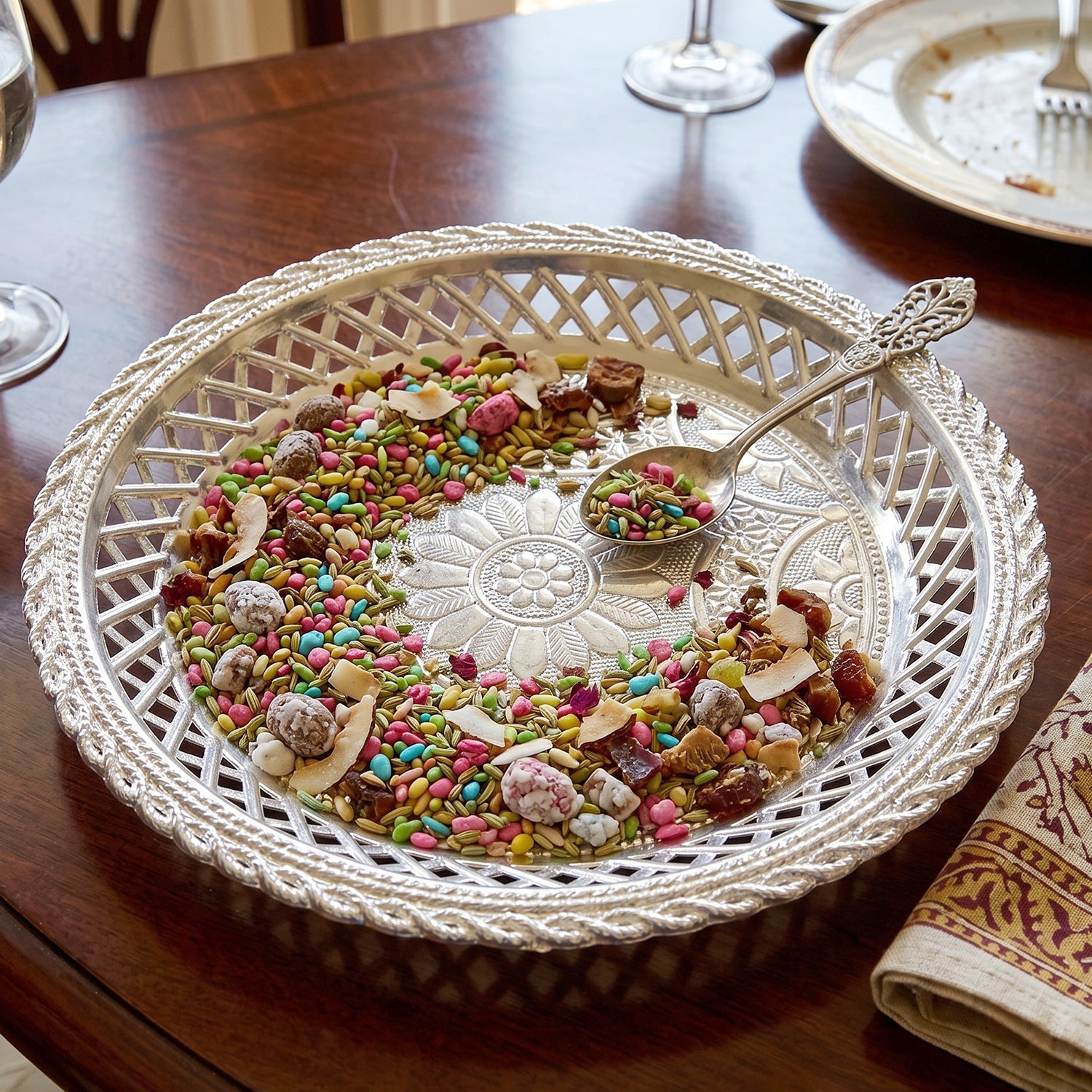 Decorative Silver Serving Tray  Elegant Round Floral Design