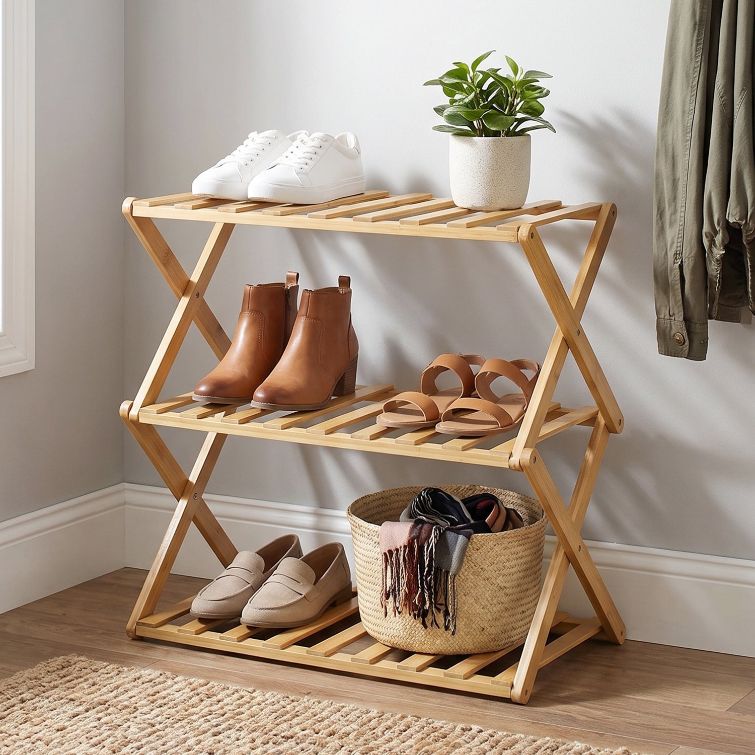 3 Layer Foldable Bamboo Shoe Rack Multi-purpose Storage Shelf (1 Set)