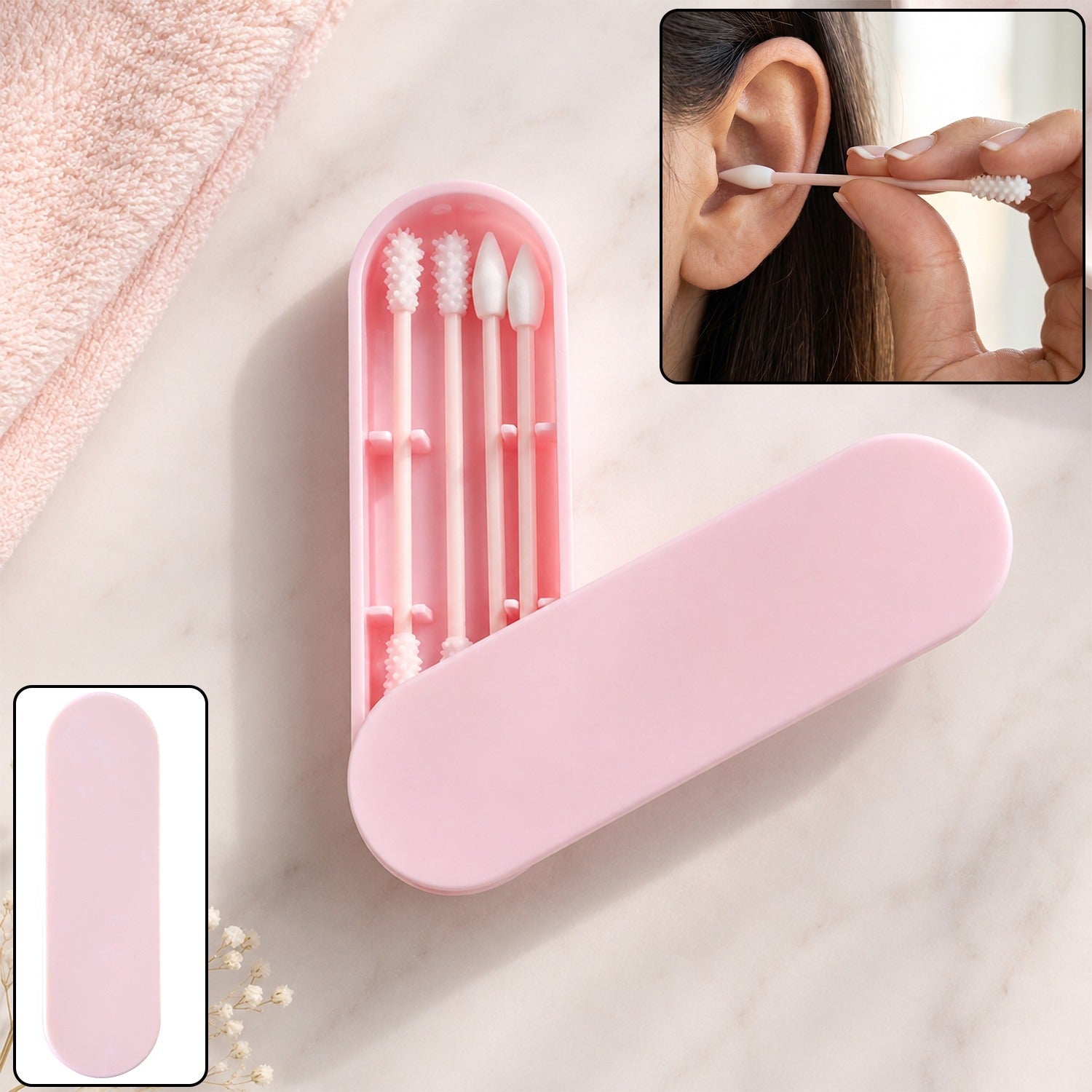 4 In 1 Reusable Silicone Ear Swab Set With Case Washable Ear Buds (1 Set)