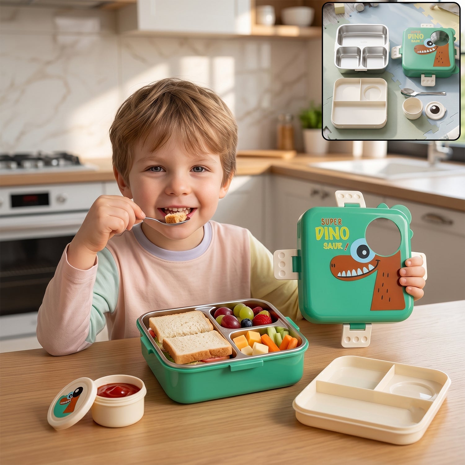 Steel Kids Dinosaur Lunch Box Bento Tiffin With Steel Tray Spoon Sauce Cup (1 Set)