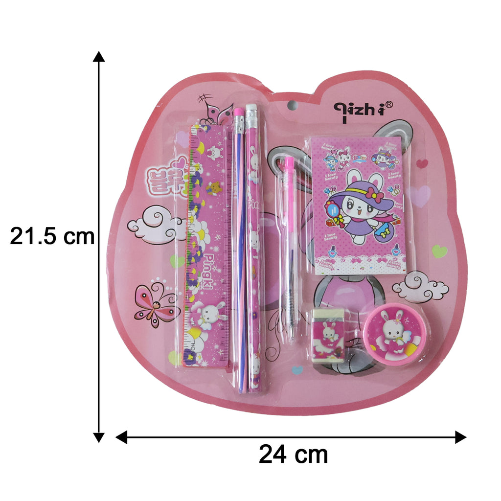 7-in-1 Cute Pink Stationery Set With Ruler Pencil Eraser Pen Notebook Sharpener