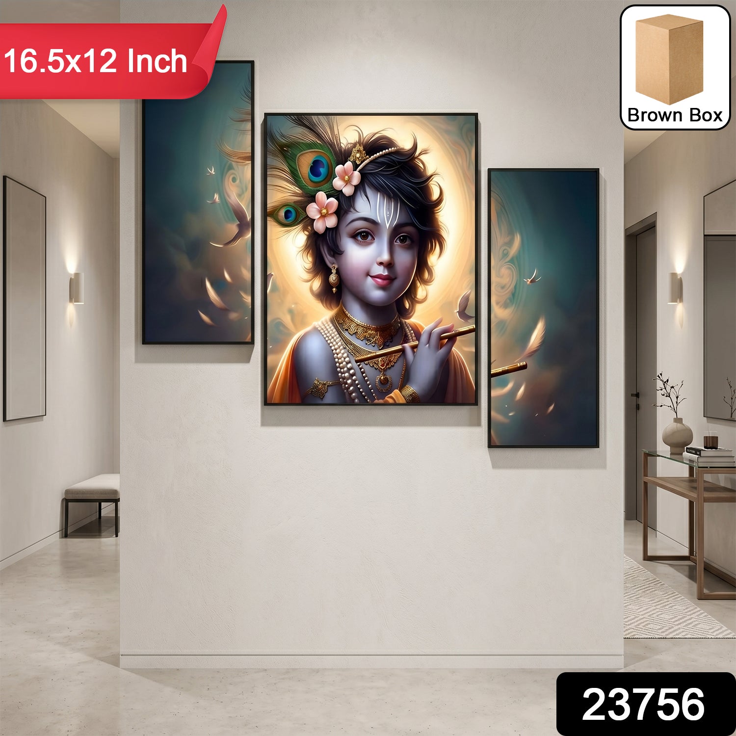 Krishna N Flute 3 Panel Mdf Wall Frame Wall Art Painting 16.5x12in (1 Pc)