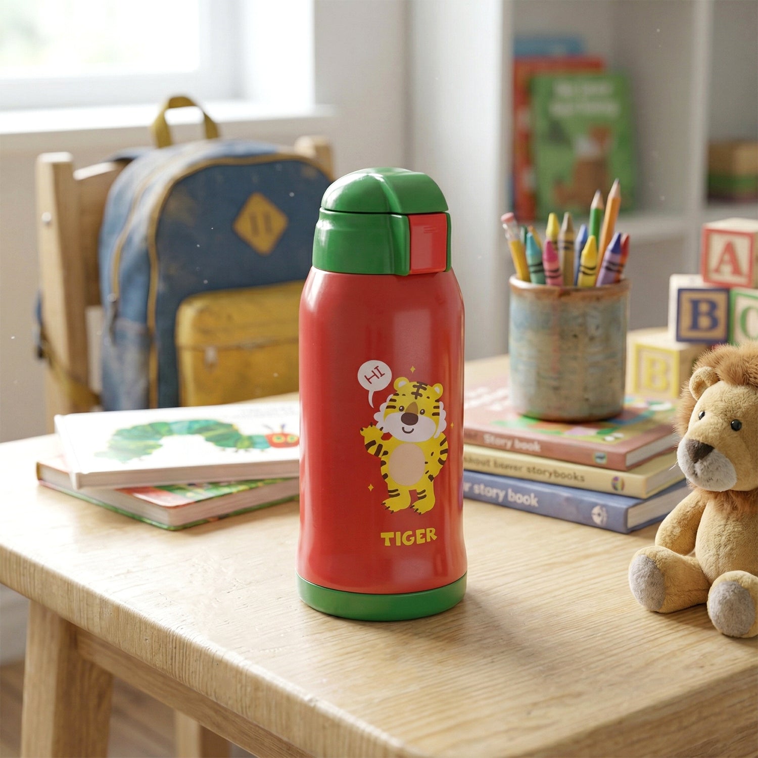 550 Ml Kids Cartoon Printed Water Bottle With Straw And Carry Sling Bag