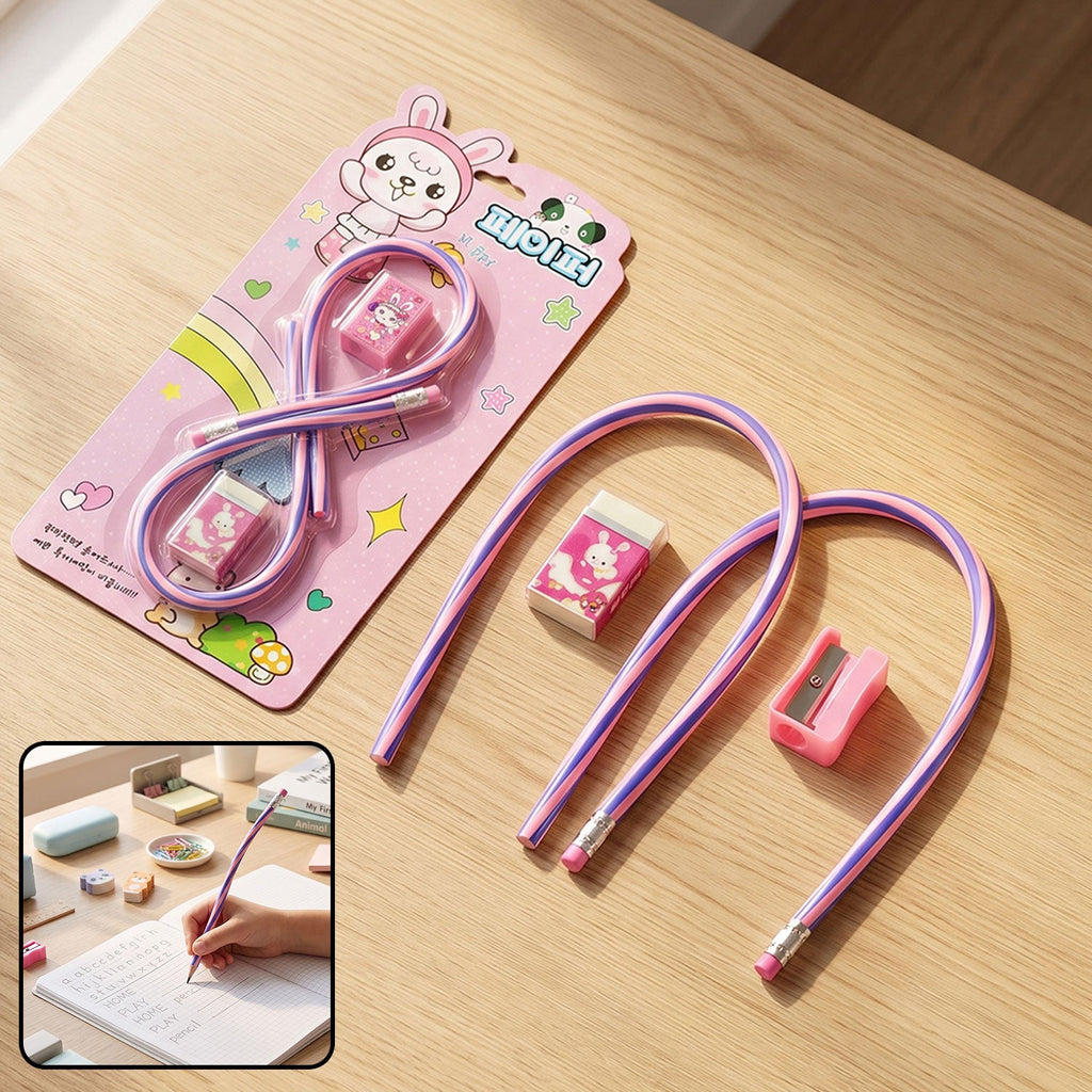 Kids School Stationery Set 4 In 1 Flexible Pencils Eraser Sharpener (1 Set)