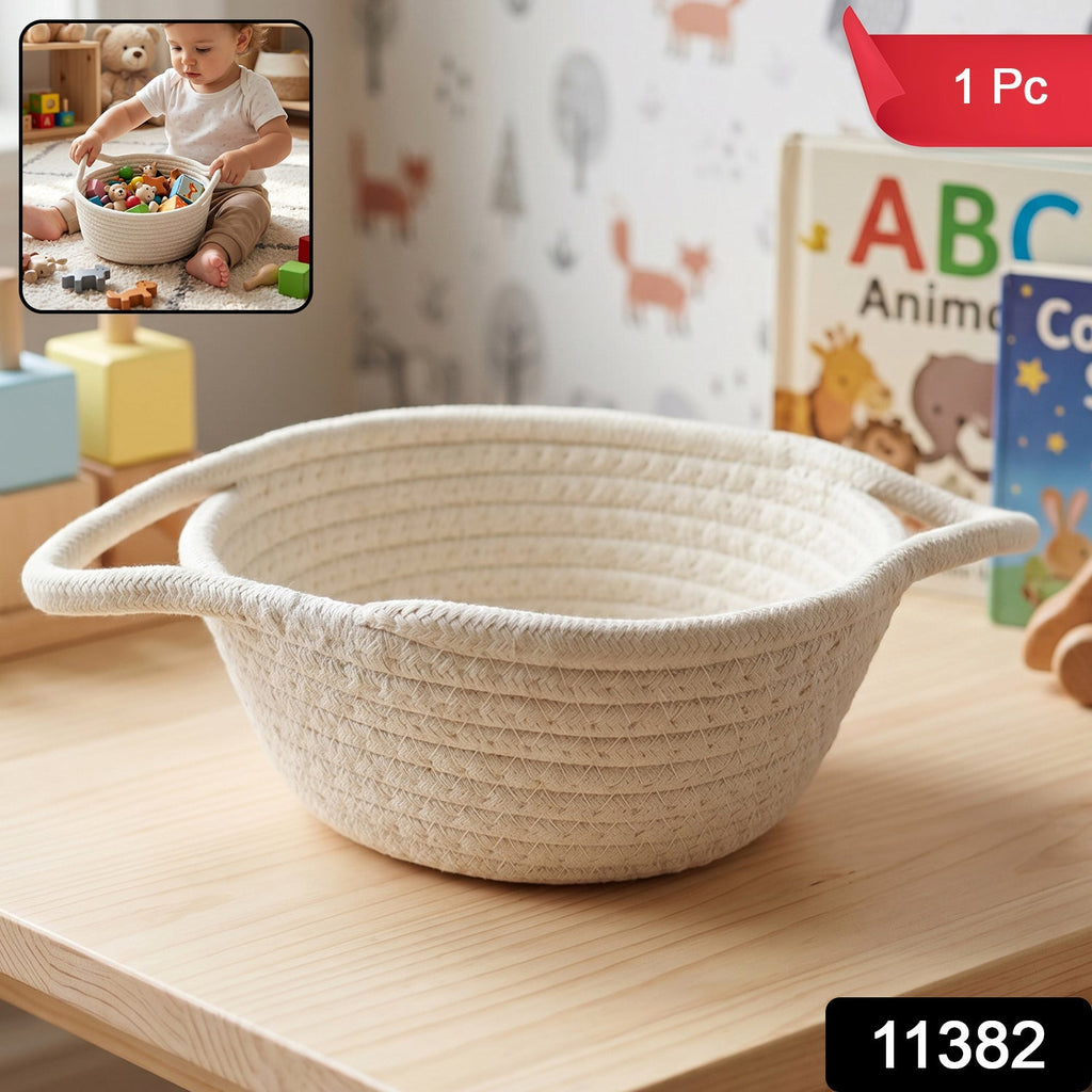 Cotton Rope Woven Storage Basket With Handles For Toys And Organizing (1 Pc)