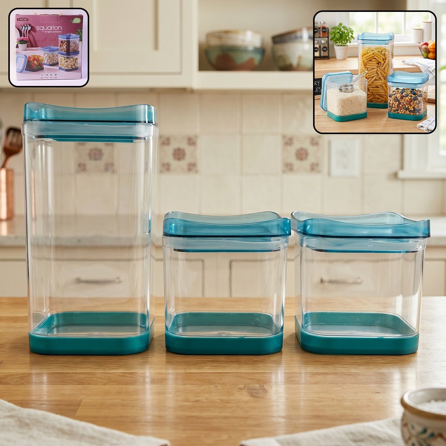 Squarion Airtight Plastic Storage Containers Set For Kitchen Grocery (4 Pc)