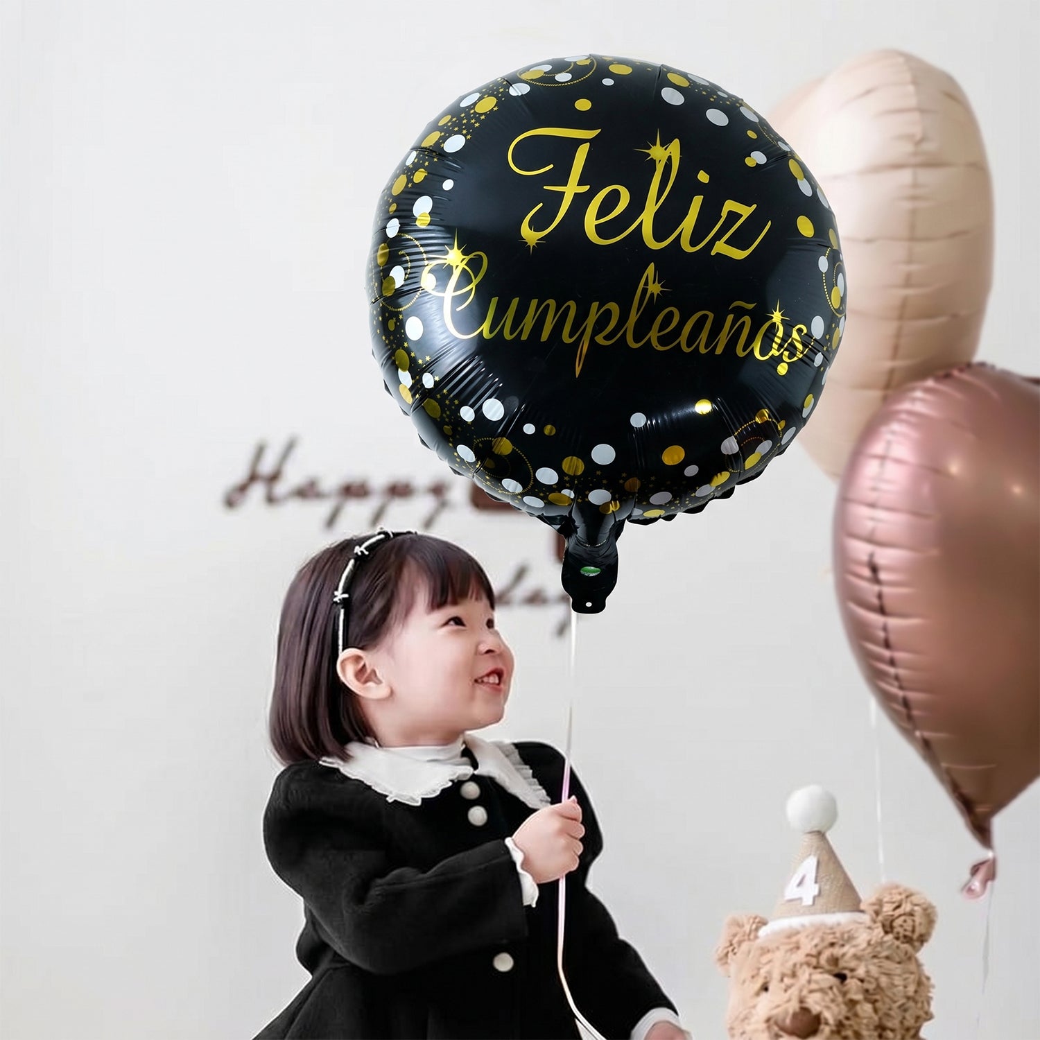 Black Round Feliz Cumpleanos Foil Balloon For Birthday Decor (1 Pc)
