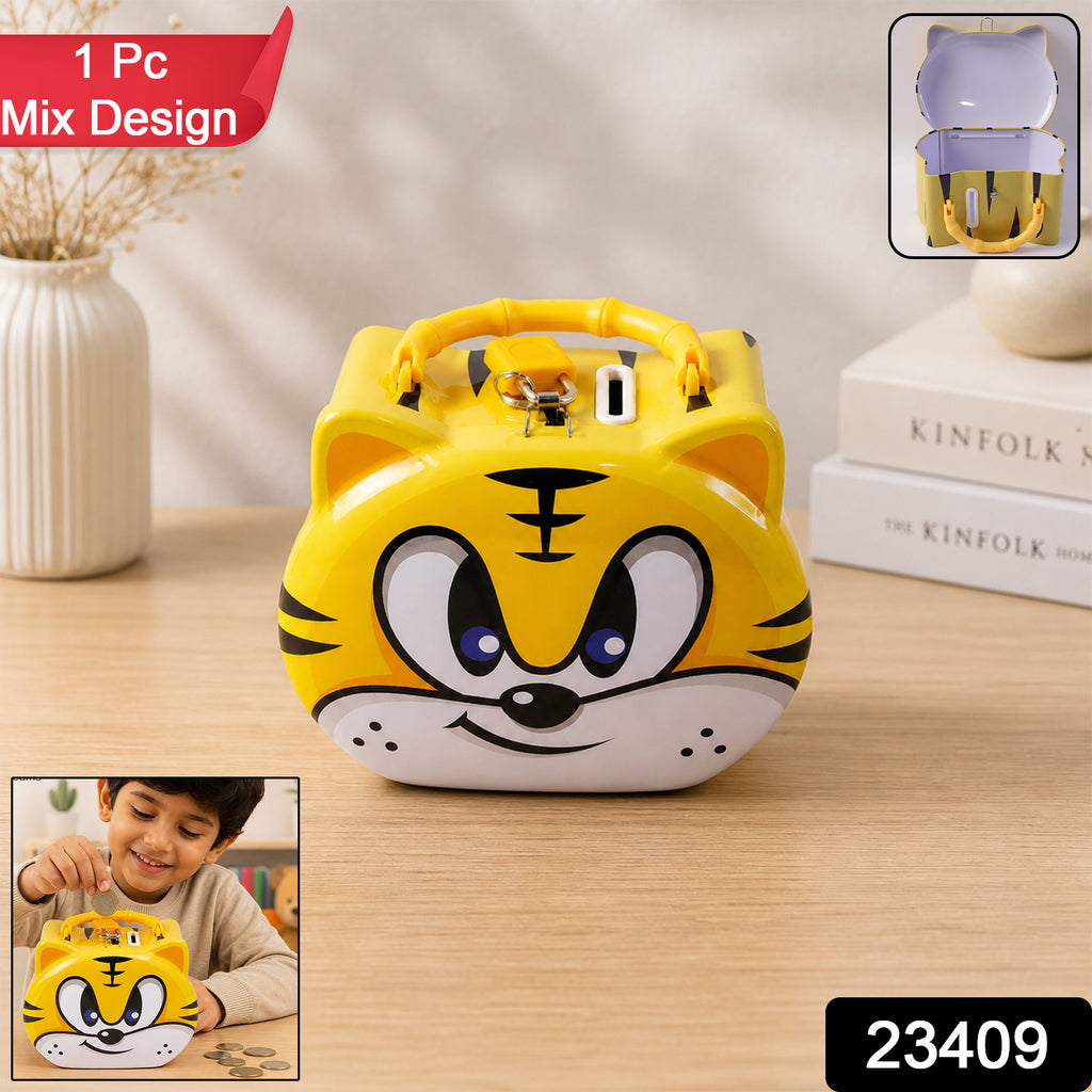 Cute Cartoon Design Metal Piggy Bank With Lock And Key (1 Pc Mix Design)