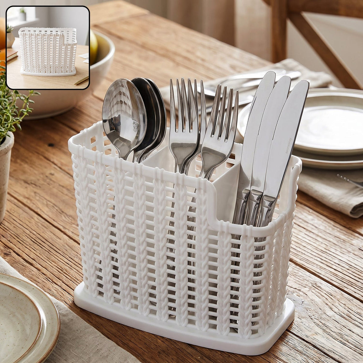 Plastic Cutlery Storage Organizer Basket with Drain Base for Kitchen (1 Pc) - Image 1