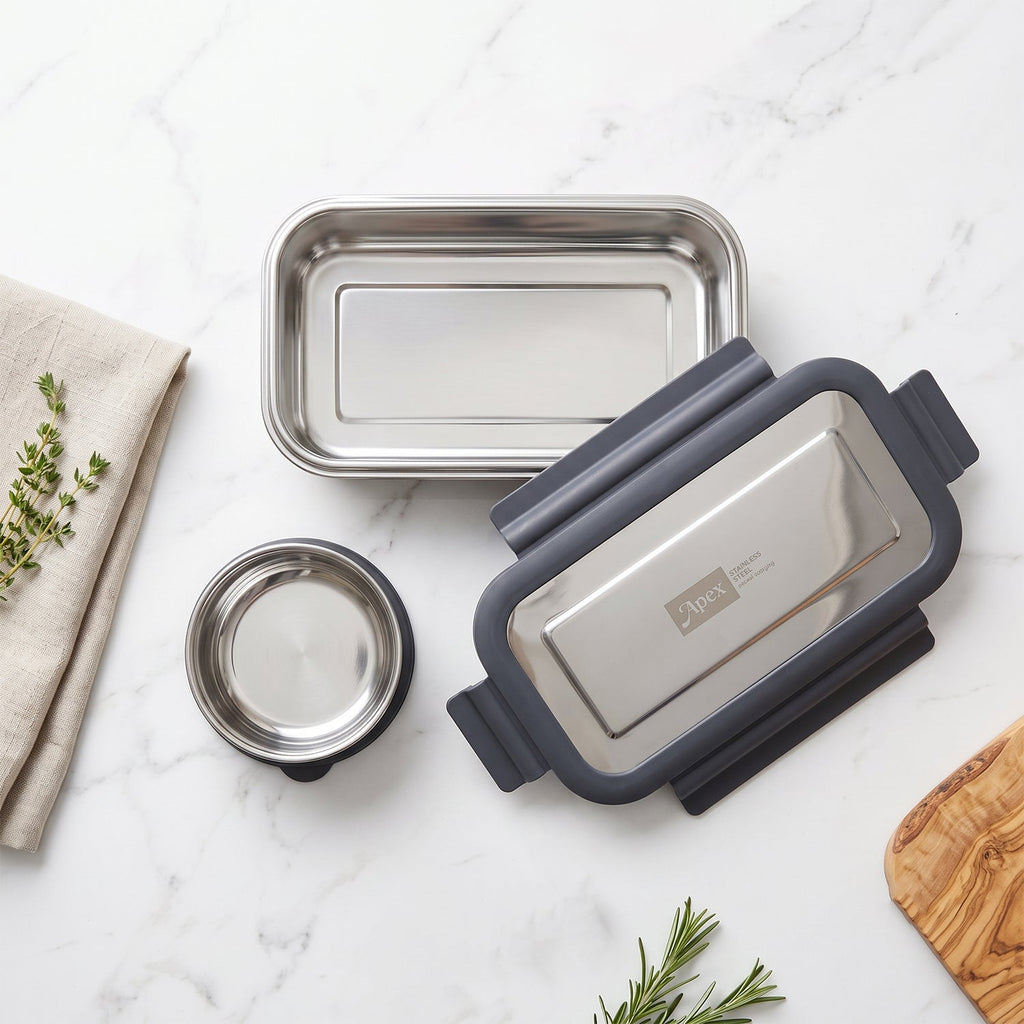Lunch box container and bowl shown stacked