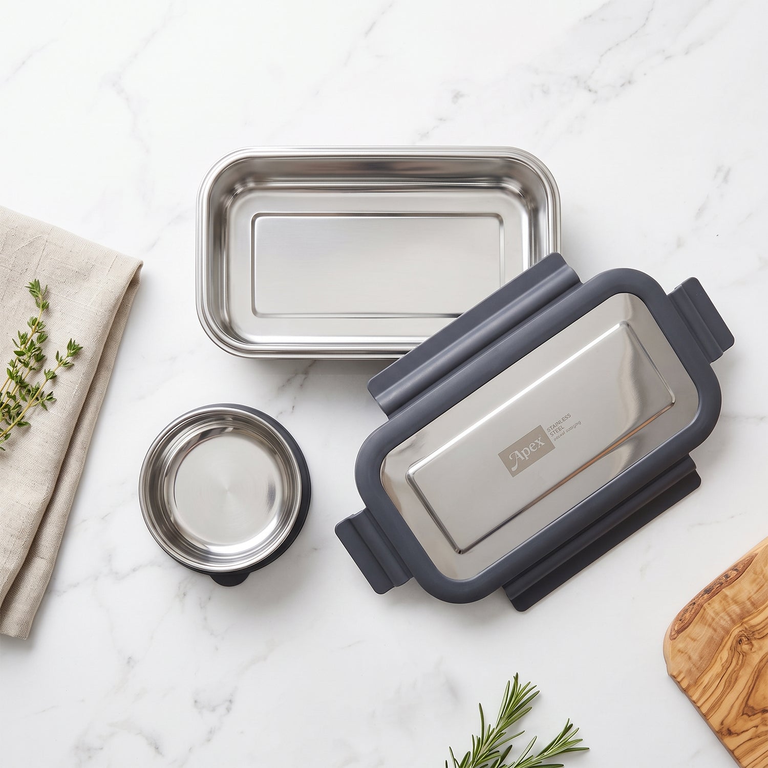 Lunch box container and bowl shown stacked