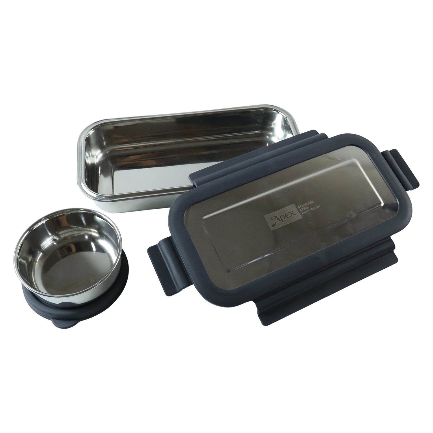 Stainless steel lunch box set on white background