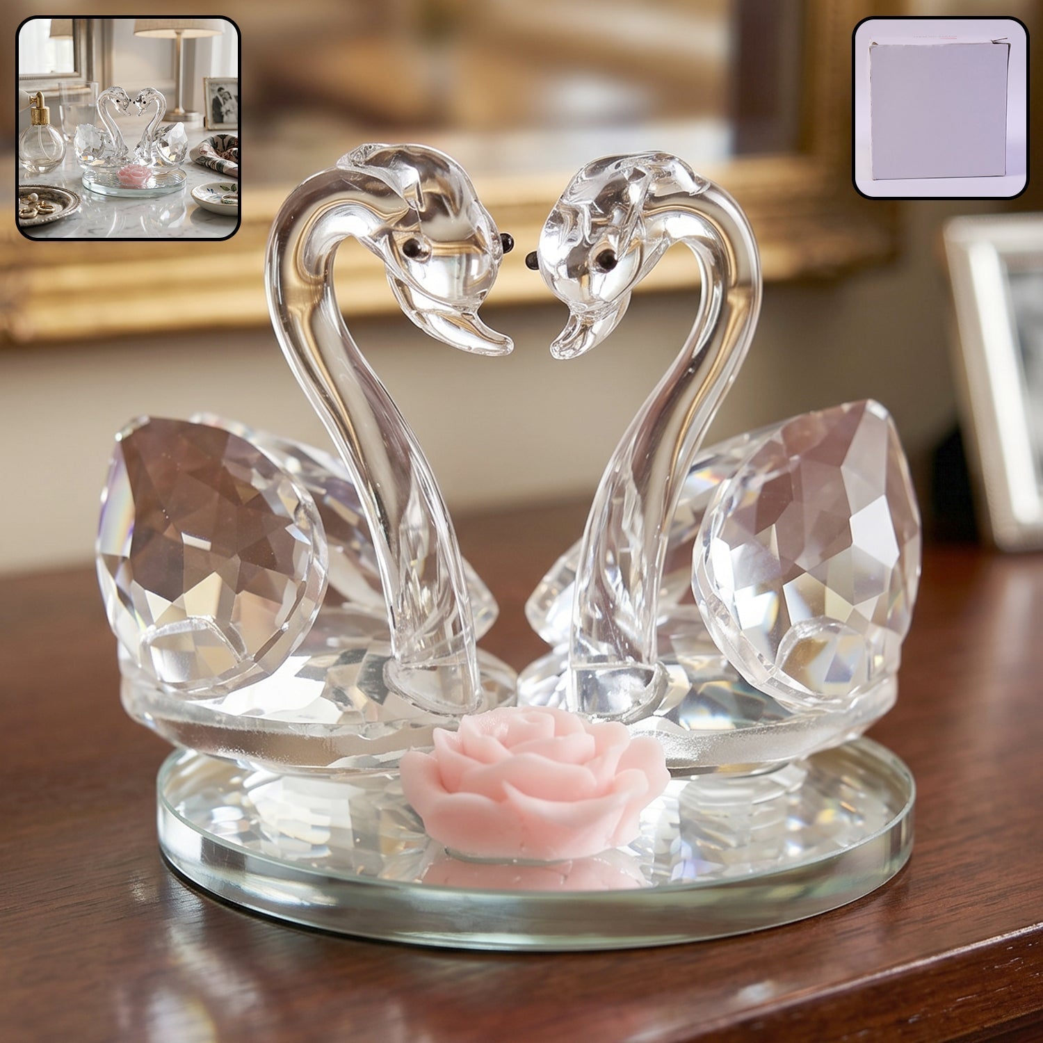 Crystal Swan Pair Showpiece Decorative Glass Couple Swan Home Decor (1 Pc)