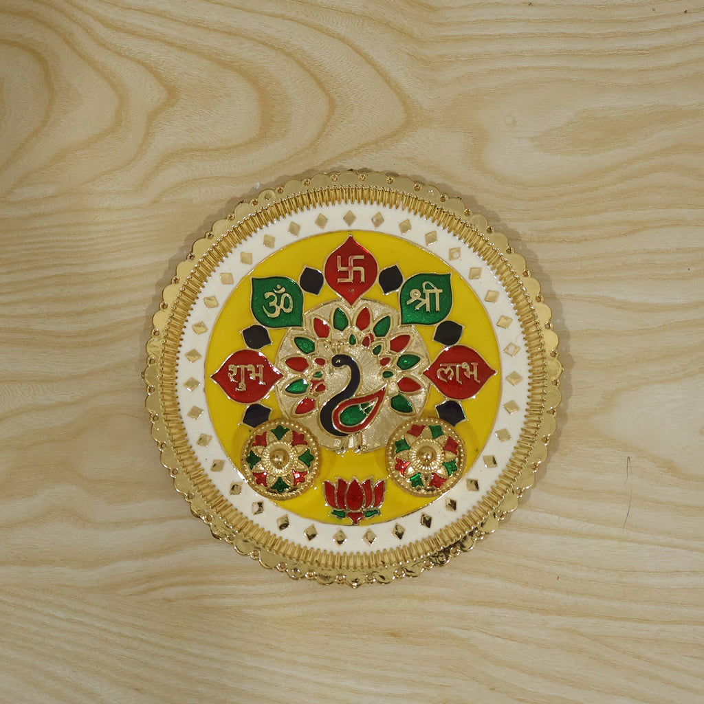 Big Decorative Pooja Thali Golden Meenakari Puja Plate With Kumkum Bowls (1 Pc)