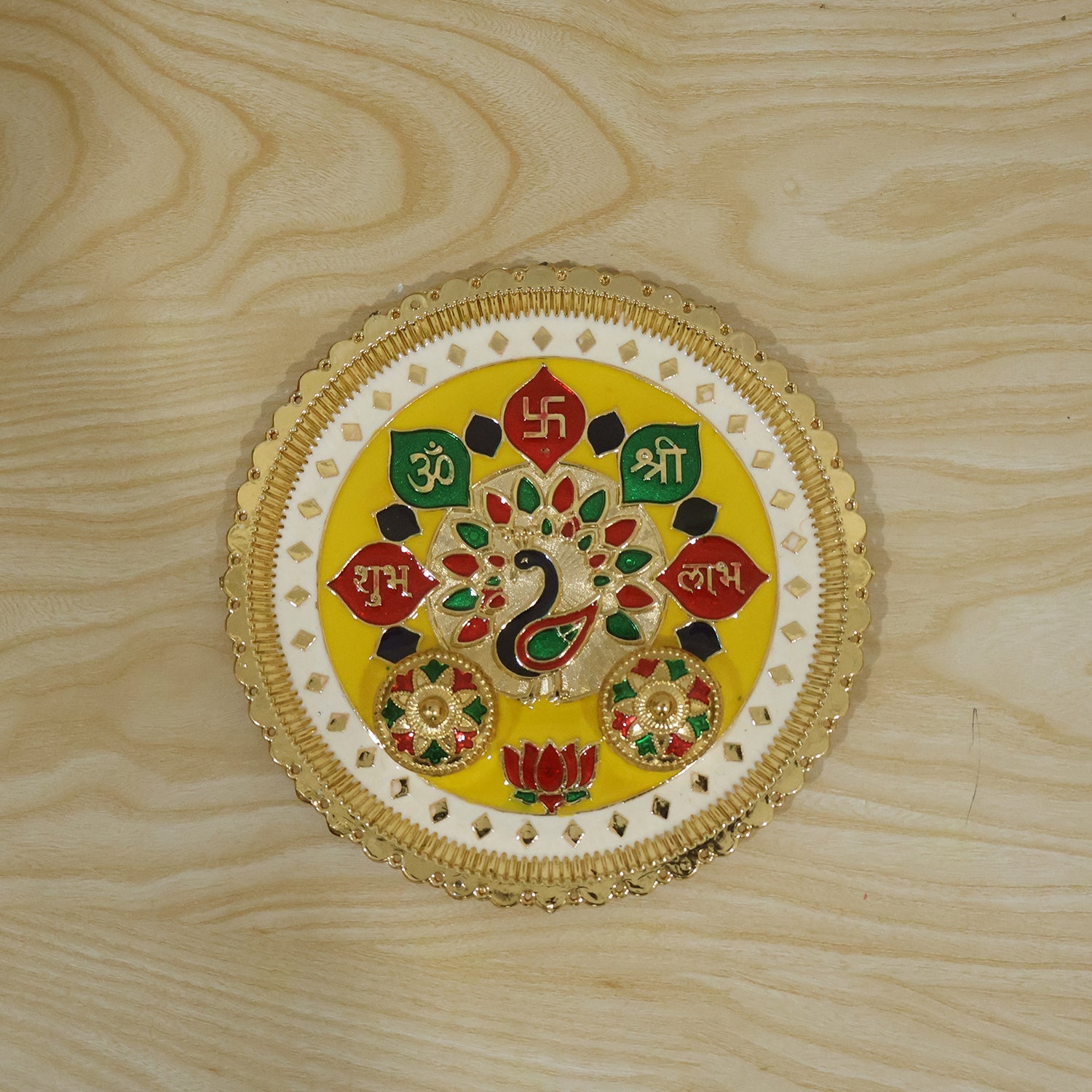 Big Decorative Pooja Thali Golden Meenakari Puja Plate With Kumkum Bowls (1 Pc)