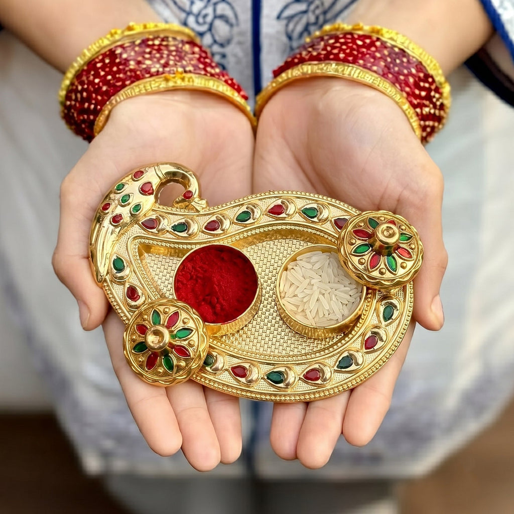 Golden Kumkum Kankavati Holder Decorative Roli Akshat Tika Box For Pooja (1 Pc)