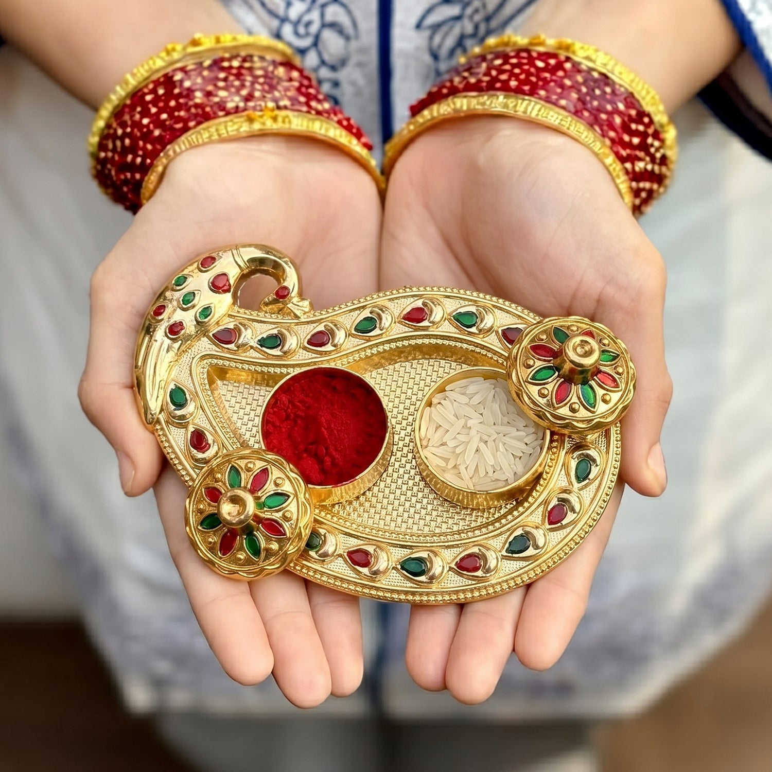 Golden Kumkum Kankavati Holder Decorative Roli Akshat Tika Box For Pooja (1 Pc)