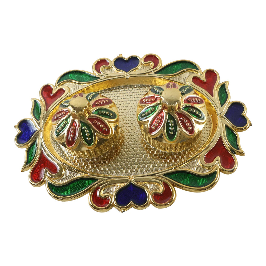 Decorative Kankavati Kumkum Holder Golden Enamel Pooja Thali With Bowls (1 Pc)