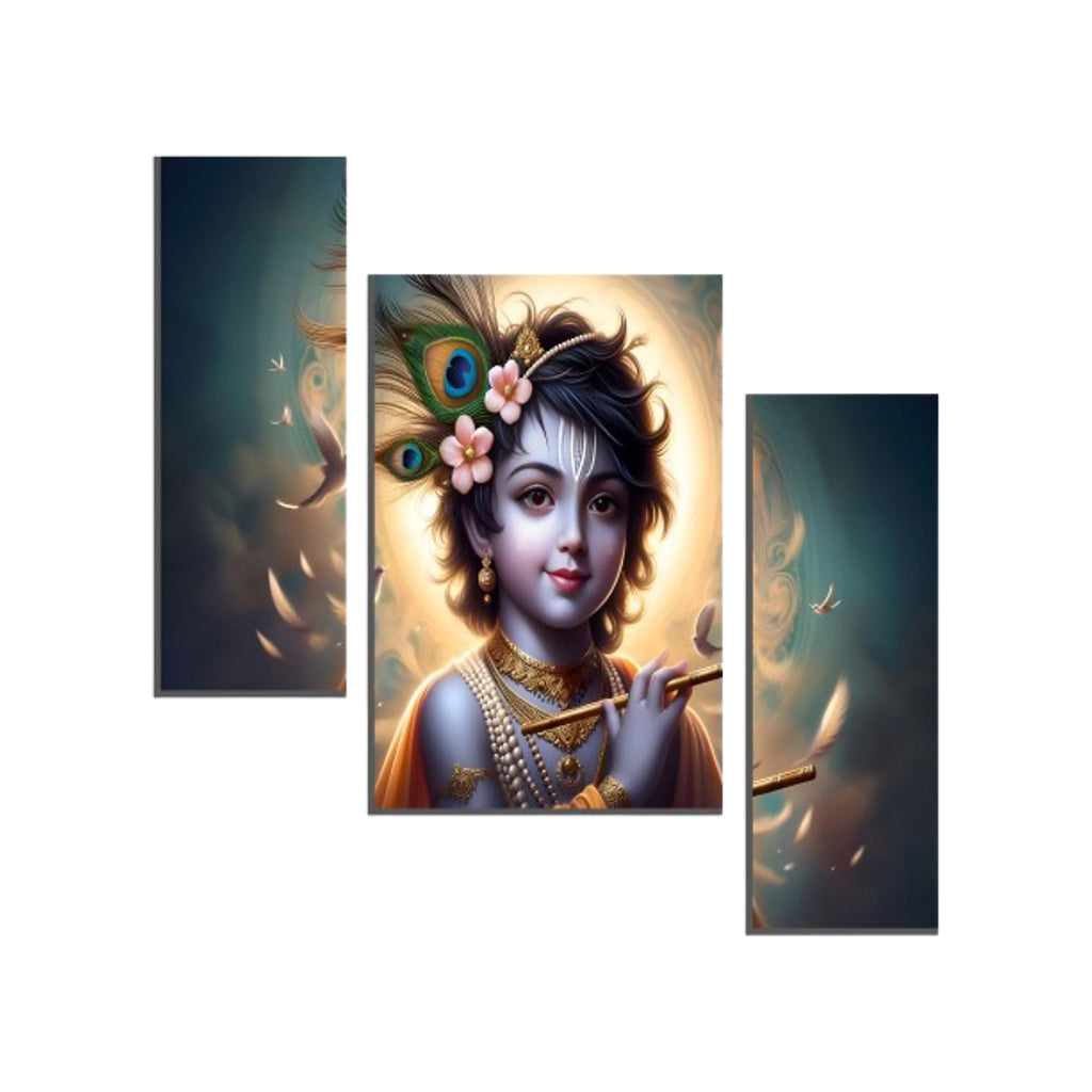 Krishna N Flute 3 Panel Mdf Wall Frame Wall Art Painting 16.5x12in (1 Pc)