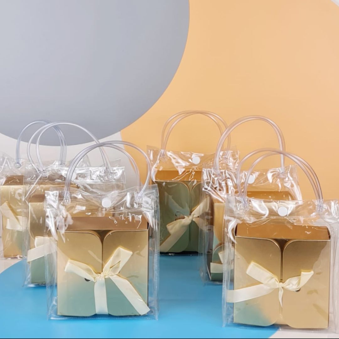 Transparent Bag With Folding Golden Box For Event, Return Gift in Party, Birthday,Gift Boxes with Ribbon, Perfect for Packing Chocolate, Dry Fruits For Gifting. - Image 1