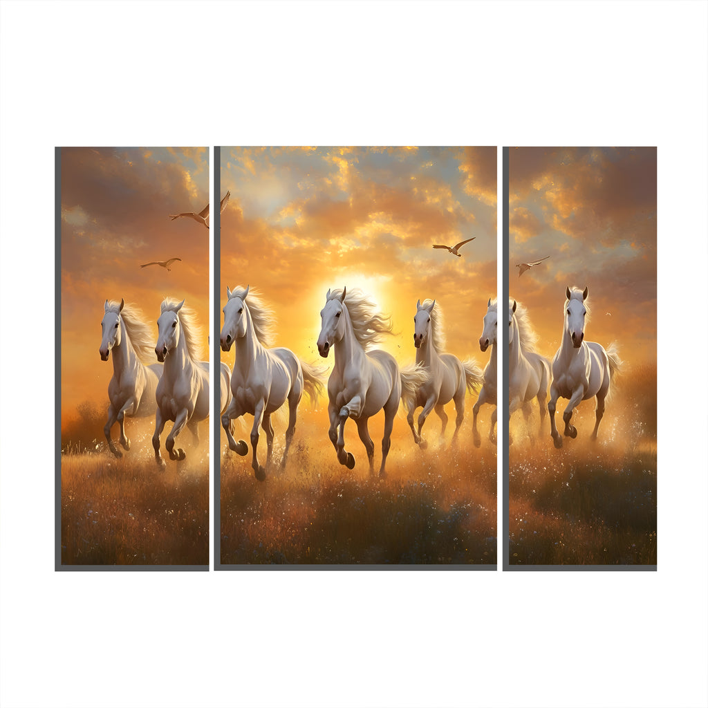 Horses Sunset 3 Panel Mdf Wall Frame Wall Art Painting 16.5x12in (1 Pc)