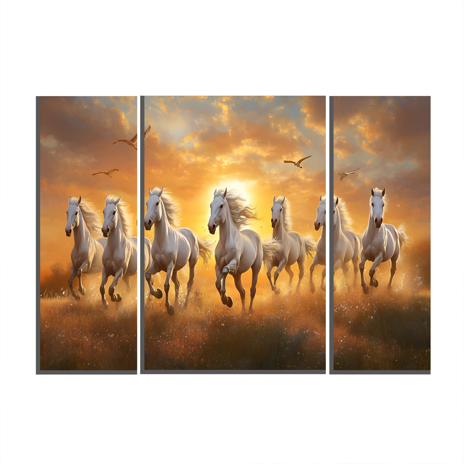 Horses Sunset 3 Panel Mdf Wall Frame Wall Art Painting 16.5x12in (1 Pc)