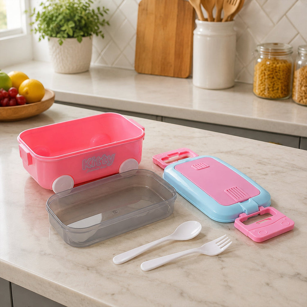 Car Shape Kids Lunch Box With Wheels Spoon And Fork For School Tiffin (1 Set)