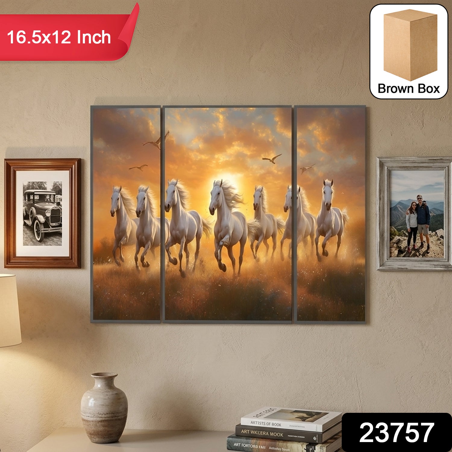 Horses Sunset 3 Panel Mdf Wall Frame Wall Art Painting 16.5x12in (1 Pc)