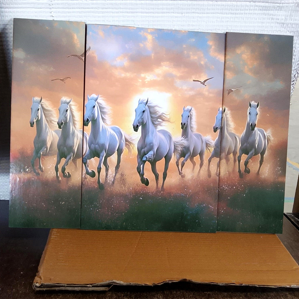 Horses Sunset 3 Panel Mdf Wall Frame Wall Art Painting 16.5x12in (1 Pc)
