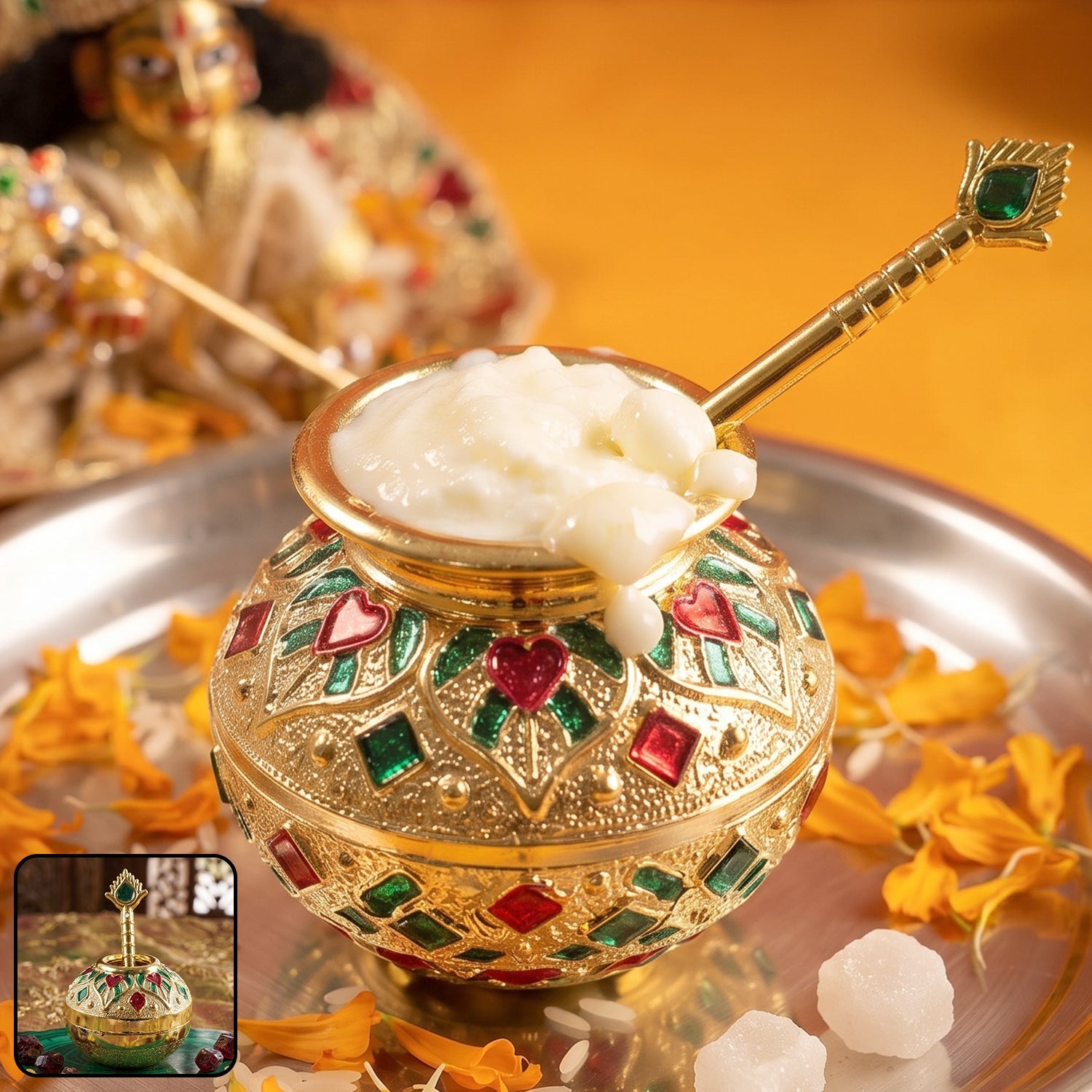 Laddu Gopal Makhan Matki With Spoon Set Decorative Pooja Pot (2 Pc Set)