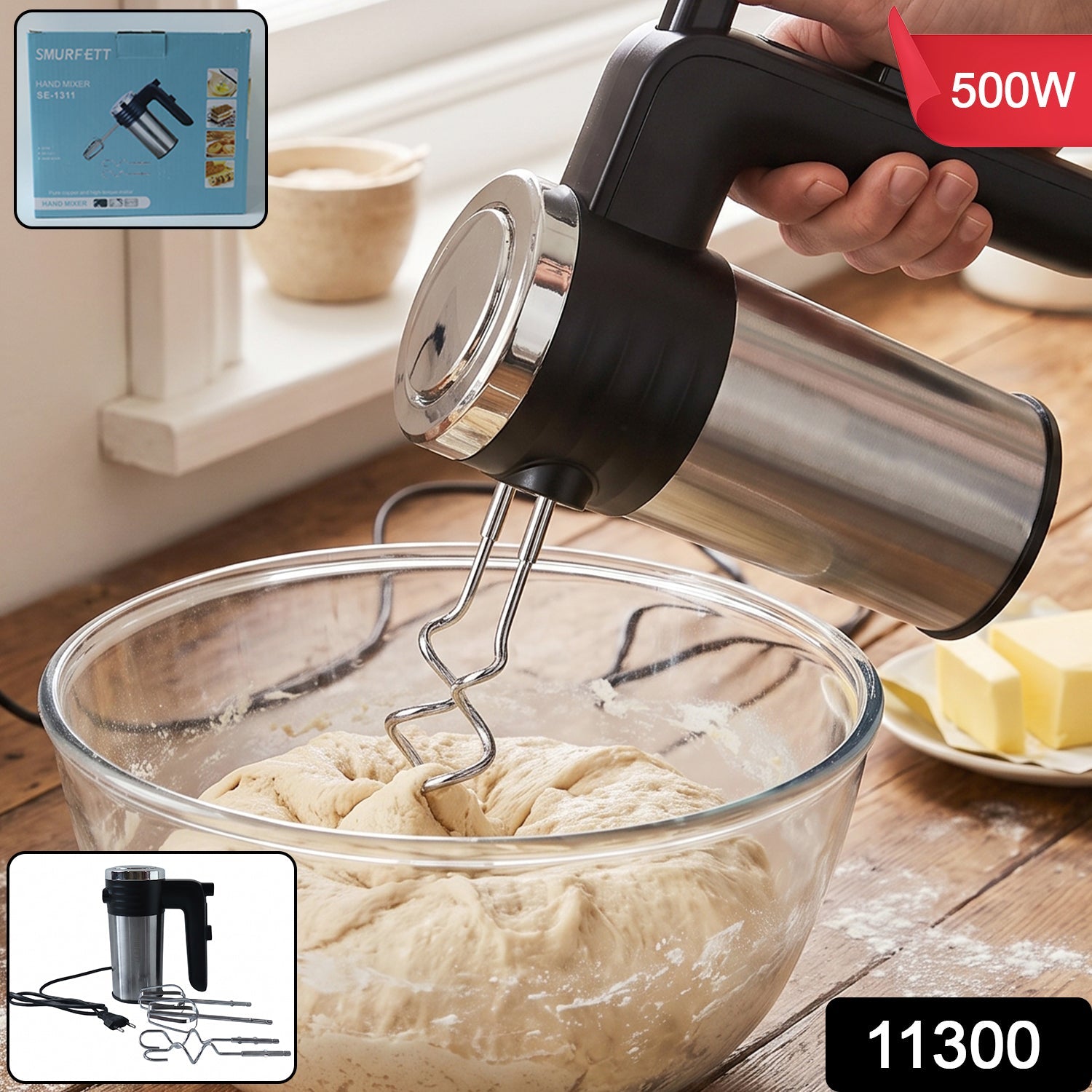 Electric Hand Mixer 500w With Beaters Dough Hooks For Cake And Baking (1 Pc)