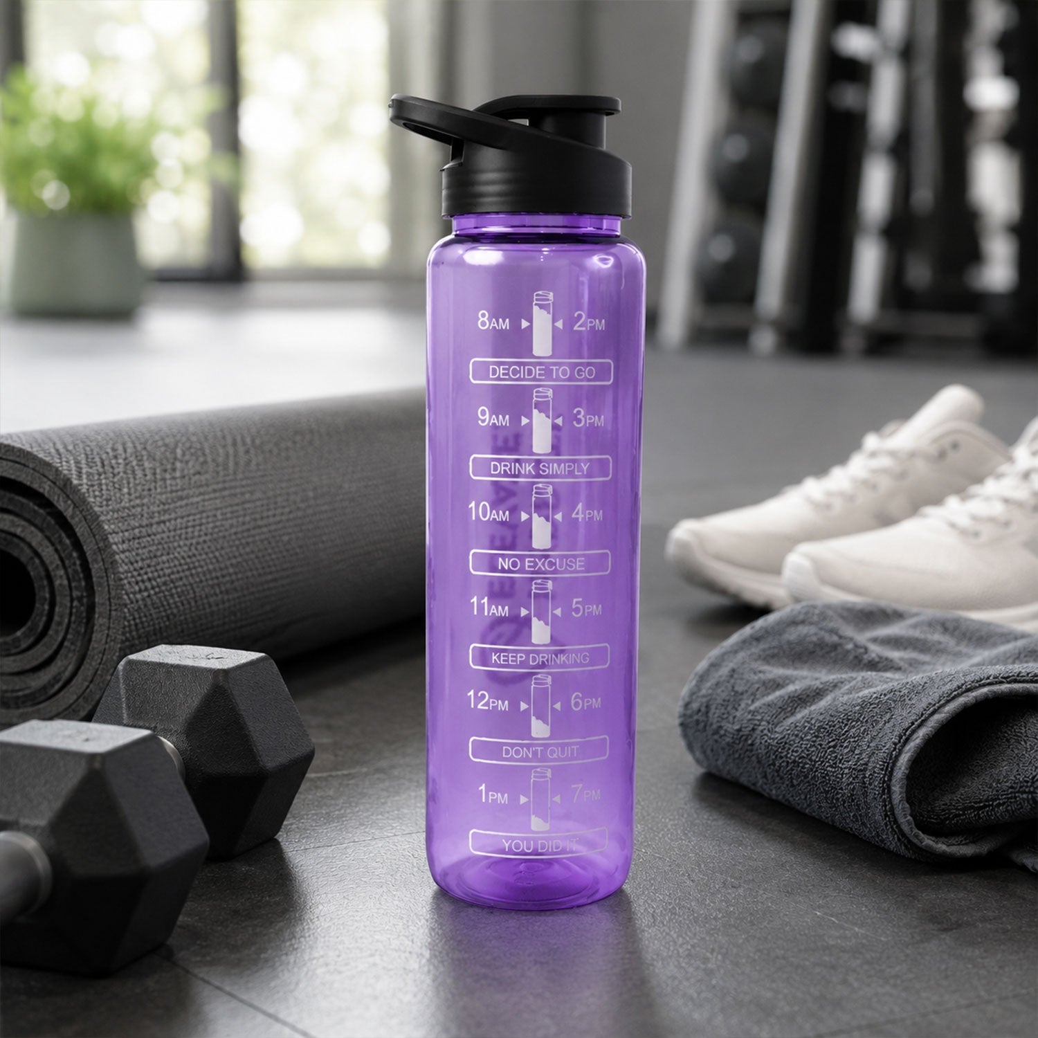 Plastic Motivational Water Bottle With Time Marker And Flip Lid (1000 Ml)