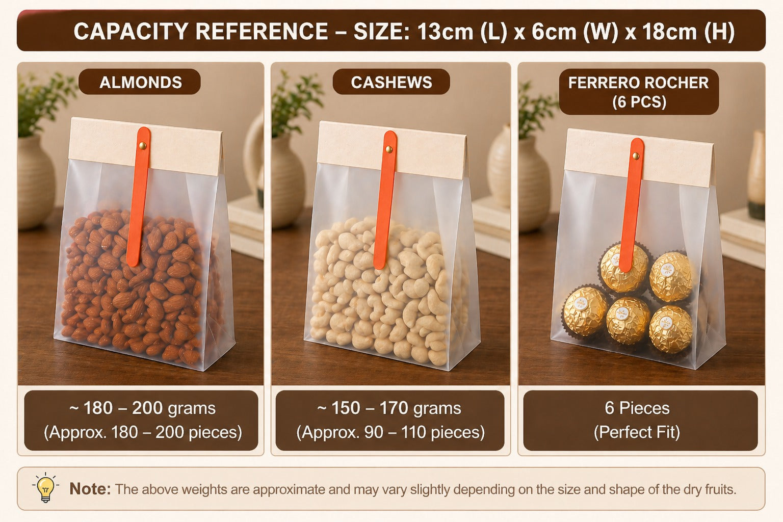 Transparent Korean Pouch with Wooden Clip | Gift Packaging for Dry Fruits, Chocolates & Cookies | 13×6×18 cm Premium Hamper Pouch - Image 1