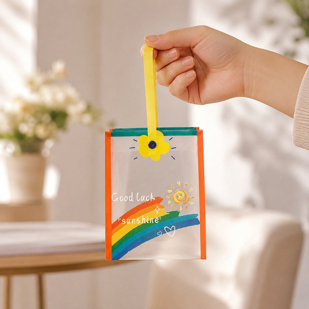 Cute  Gift Bag with Handle | Transparent PVC Return Gift & Hamper Bag | 14×12×19 CM | 3 Assorted Designs - Image 1