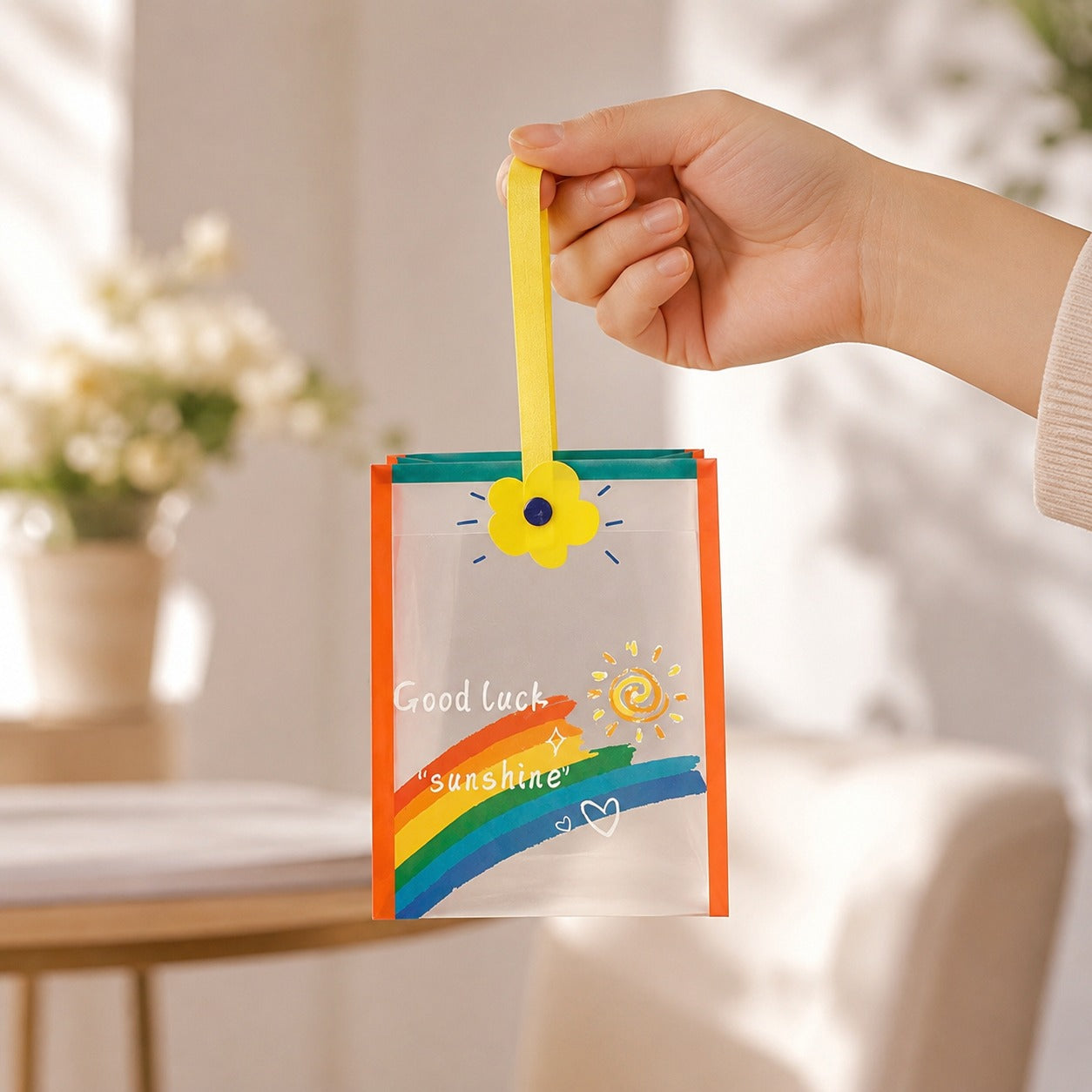 Cute  Gift Bag with Handle | Transparent PVC Return Gift & Hamper Bag | 14×12×19 CM | 3 Assorted Designs - Image 1