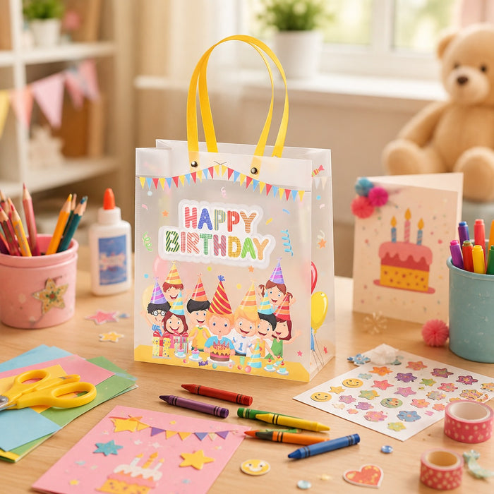 pack of 12pcs Birthday Theme PVC Gift Bag with Handle | Reusable Return Gift & Hamper Bag | 22×9×25 CM