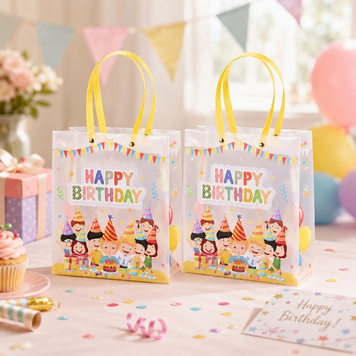 pack of 12pcs Birthday Theme PVC Gift Bag with Handle | Reusable Return Gift & Hamper Bag | 22×9×25 CM