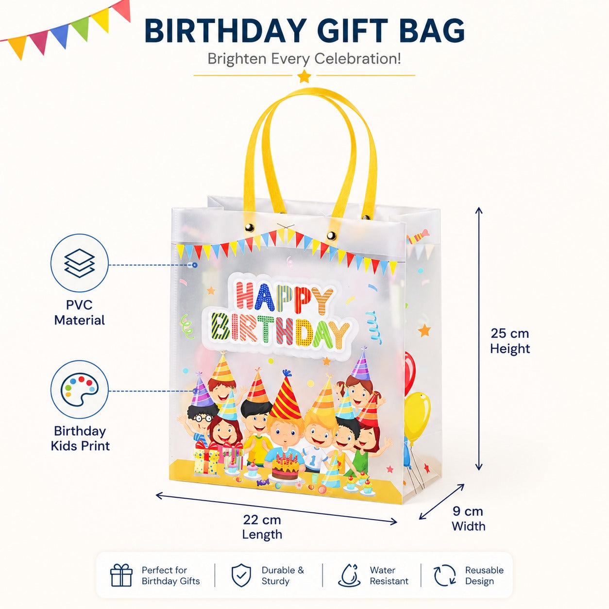 Birthday Theme PVC Gift Bag with Handle | Reusable Return Gift & Hamper Bag | 22×9×25 CM - Image 1