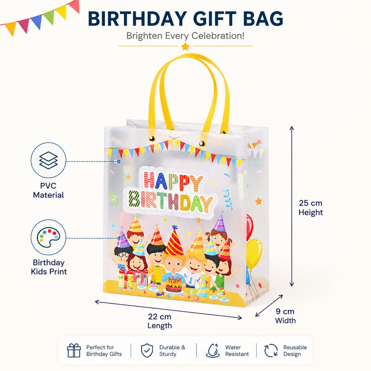 pack of 12pcs Birthday Theme PVC Gift Bag with Handle | Reusable Return Gift & Hamper Bag | 22×9×25 CM