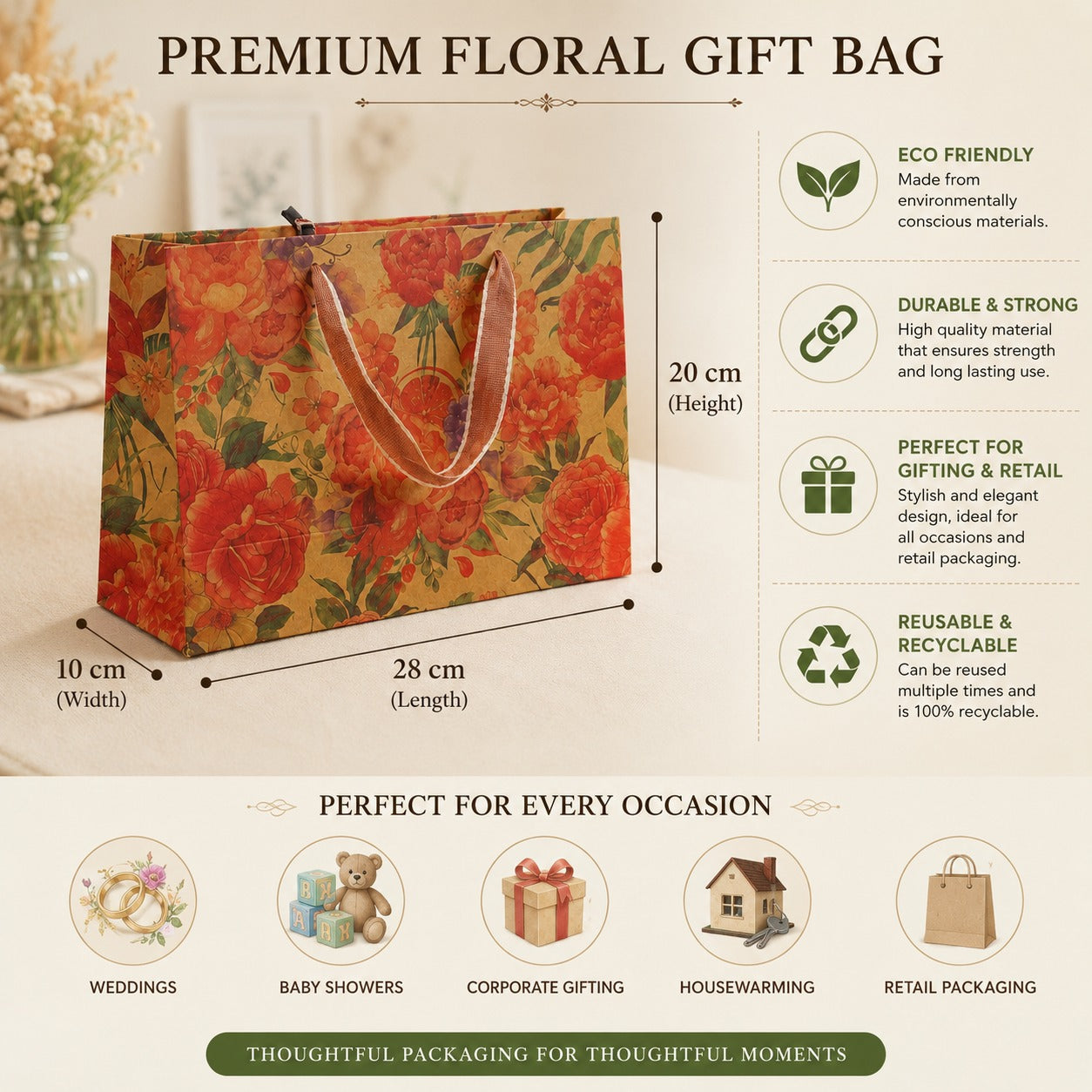 Premium Floral Gift Bag with Handle | Reusable Luxury Paper Bag for Wedding, Gifting & Retail Packaging | 28x20x10 cm - Image 1