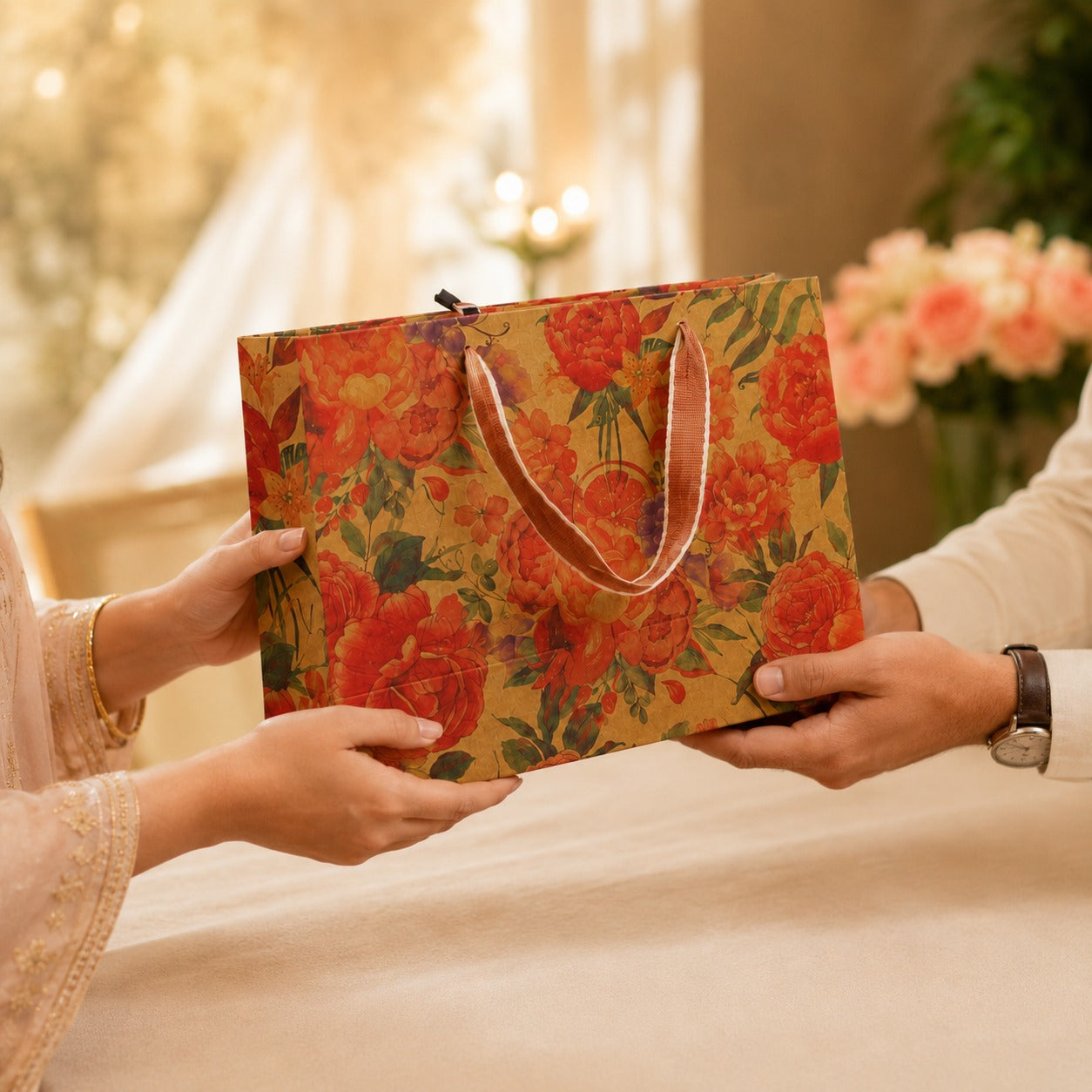 Premium Floral Gift Bag with Handle | Reusable Luxury Paper Bag for Wedding, Gifting & Retail Packaging | 28x20x10 cm - Image 3
