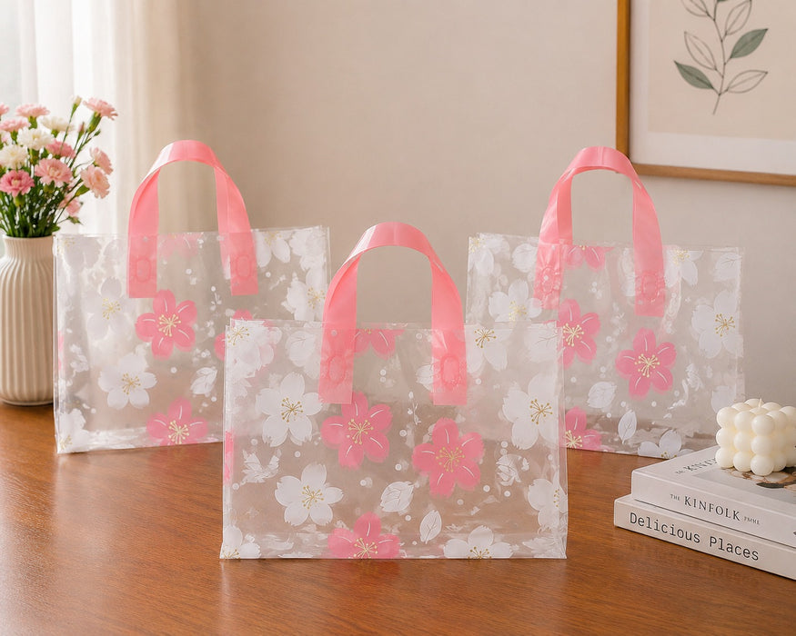 pack of 50pcs Premium Printed Frosted Plastic Gift Tote Bags | Reusable Carry Bags for Return Gifts, Hampers & Party Packaging (5 Designs Available)