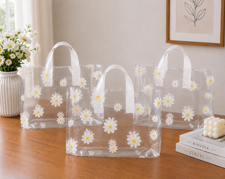 pack of 50pcs Premium Printed Frosted Plastic Gift Tote Bags | Reusable Carry Bags for Return Gifts, Hampers & Party Packaging (5 Designs Available)