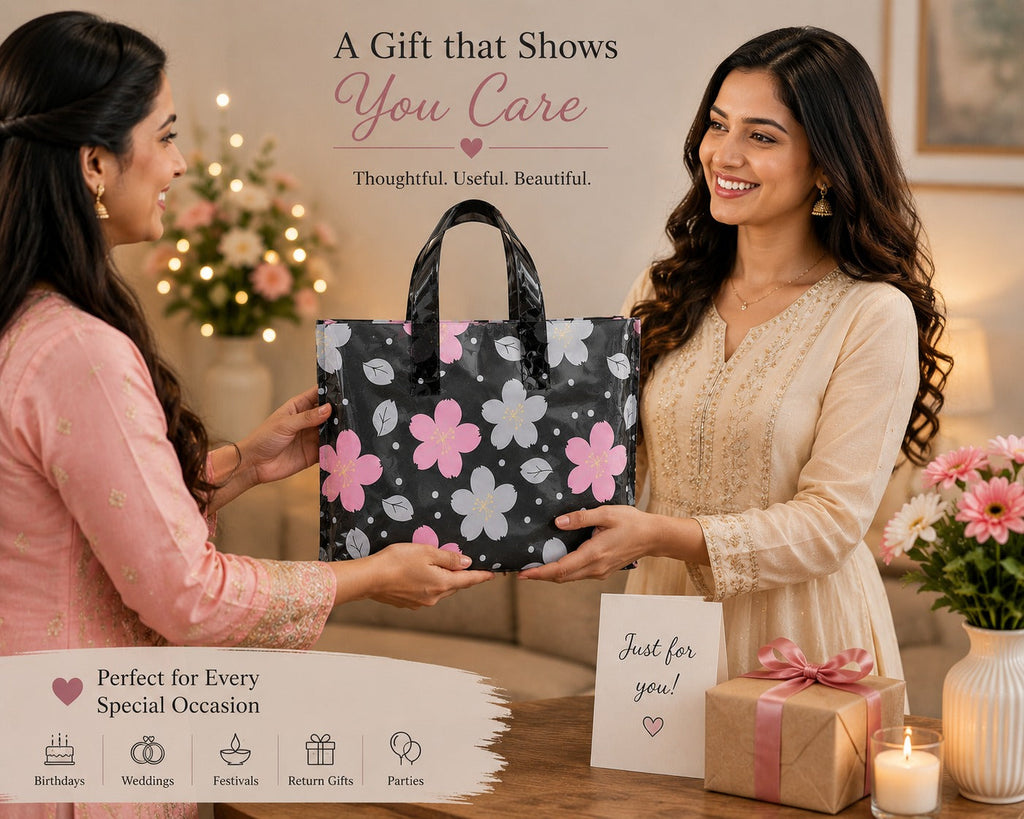 Premium Printed Frosted Plastic Gift Tote Bags | Reusable Carry Bags for Return Gifts, Hampers & Party Packaging (5 Designs Available) - Image 8